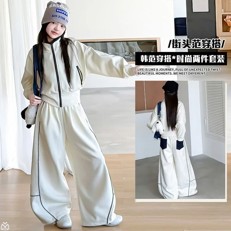 Autumn Girls 2pcs Outfit Teens Kids Korean Stand Collar Jacket&Loose Sweatpants Casual Set Junior Teen Girls Fall Clothing Set