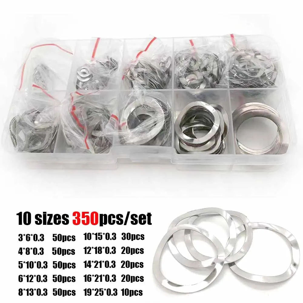 

1Box 350pcs/set M3 M4 M5 M6 M8 M10 M12 M14 M16M19 304 Stainless Steel Three Wave Crest Type Spring Washer Gasket Assortment Kit