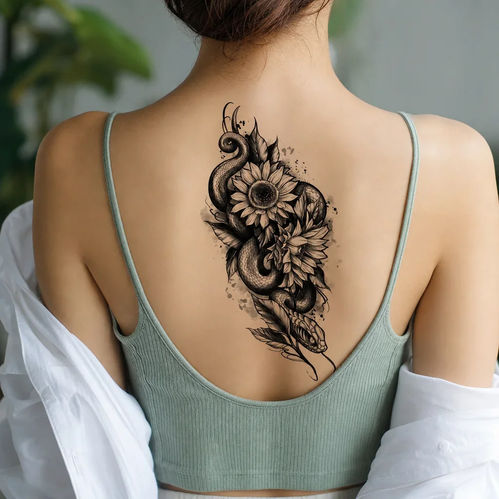 1 Sheet Per Pack Temporary Tattoo Sticker Black Waterproof Long Lasting Snake Floral Blackwork Flower Back Spine for Women