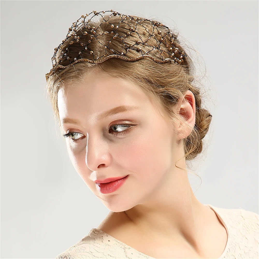 

New Fashion Pearl Rhinestone Hairband Hair Cover Ladies Mesh Headband Hairband Turban Personality Headwear Friend Gift