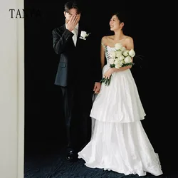 Strapless A Line Wedding Dress For Women Taffeta Lace Up Back Floor Length Layered Dress Simple Sleeveless Bridal Gown TSWD251