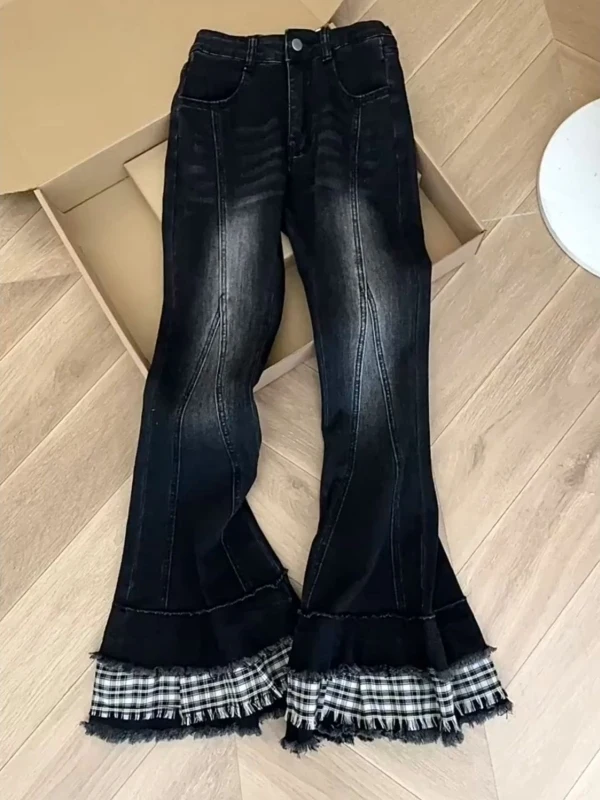 

Джинсы унисекс больших размеров в американском стиле с клетчатыми вставками и рваными элементами, повседневные, слегка расклешенные, длинные брюки для весны и осени