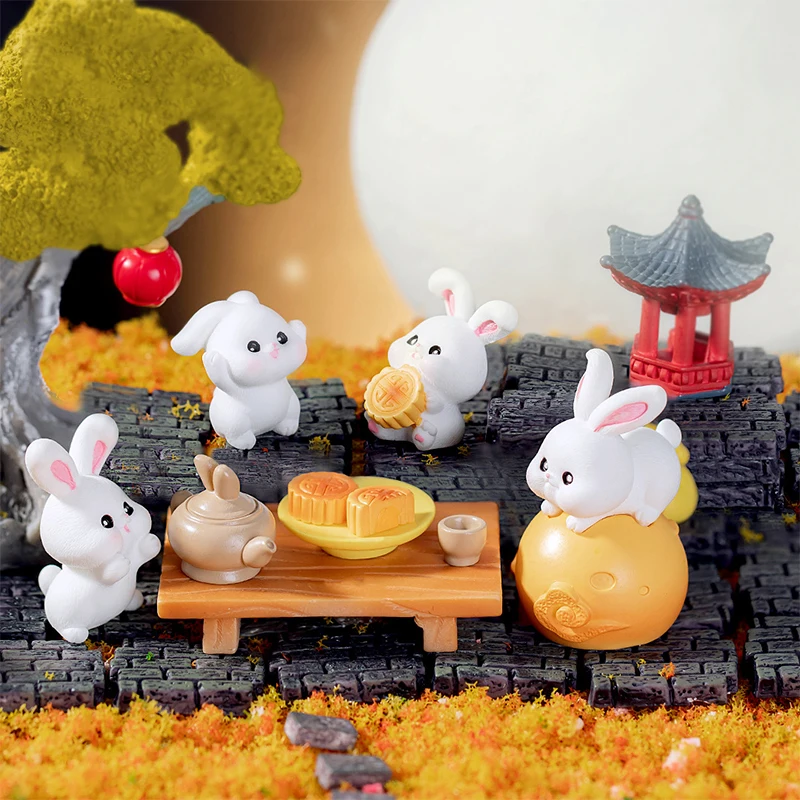 Mid-Autumn Festival Mooncake Rabbit Cute Animal Doll Micro Landscape Decorations Accessories Resin Crafts Small Ornaments