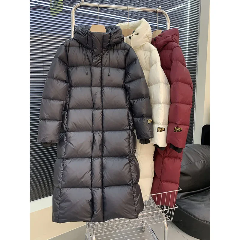 High-End Black Gold Eight Grid White Goose Down Jacket Lady Winter Over The Knee Long Hooded Warm Thicken Solid Simple Down Coat