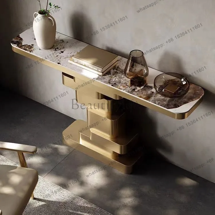 

13Light luxury entrance table, hall against the wall shelf, end view table, rock slab stainless steel foyer table