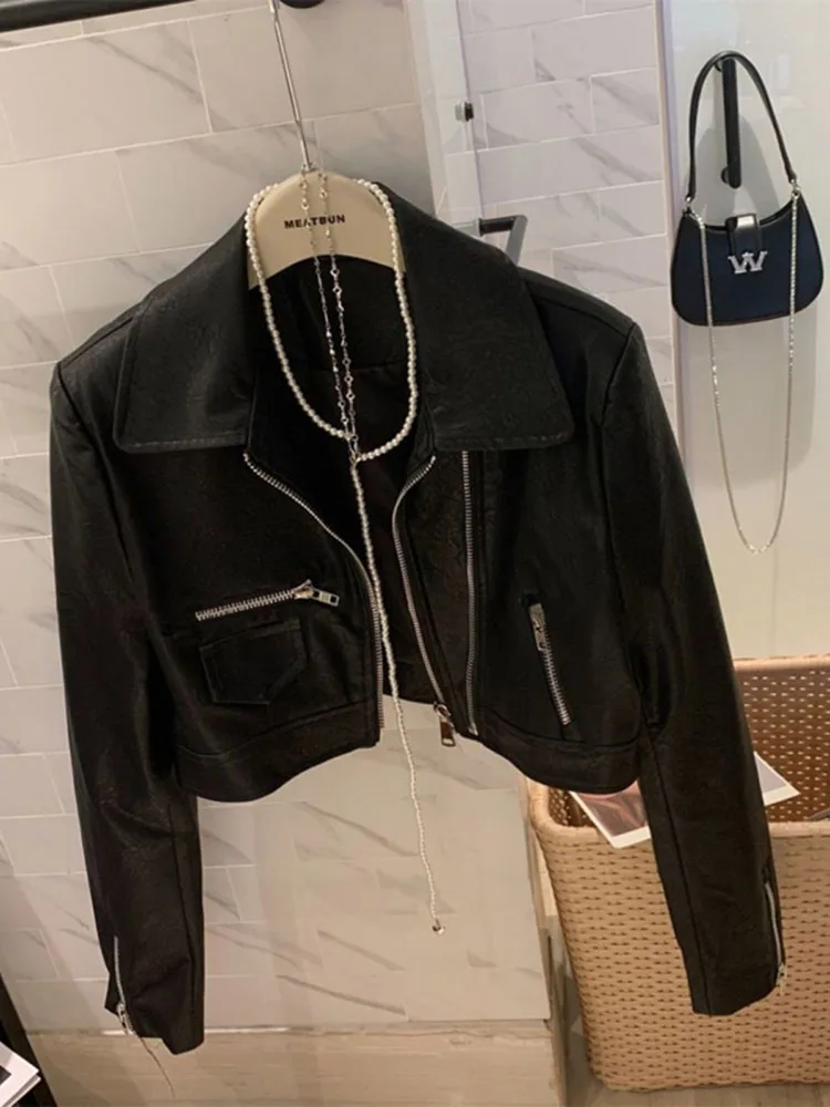 Chaqueta corta de piel sintética holgada Vintage de gran tamaño para mujer, ropa de calle con cinturón, abrigo Retro de motociclista con cremallera para mujer, prendas de vestir