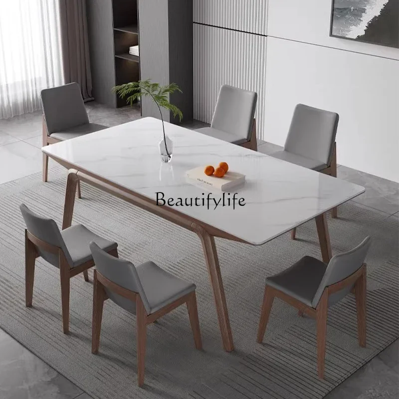 Italian light luxury rock slab dining table modern simple solid wood ash wood rectangular dining table