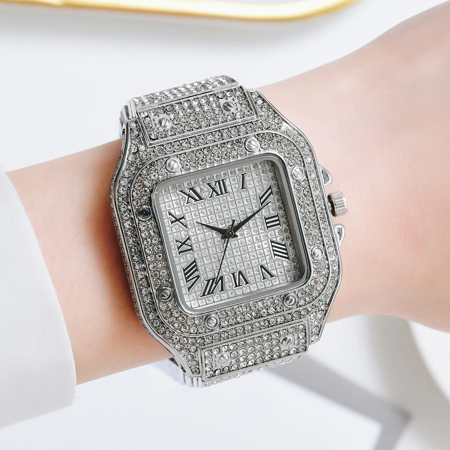 Luxury Moissanite Iced Out Watches, Hip Hop Bust Down Unisex Diamond Watch, Stainless Steel Moissanite Studded Wrist Watch