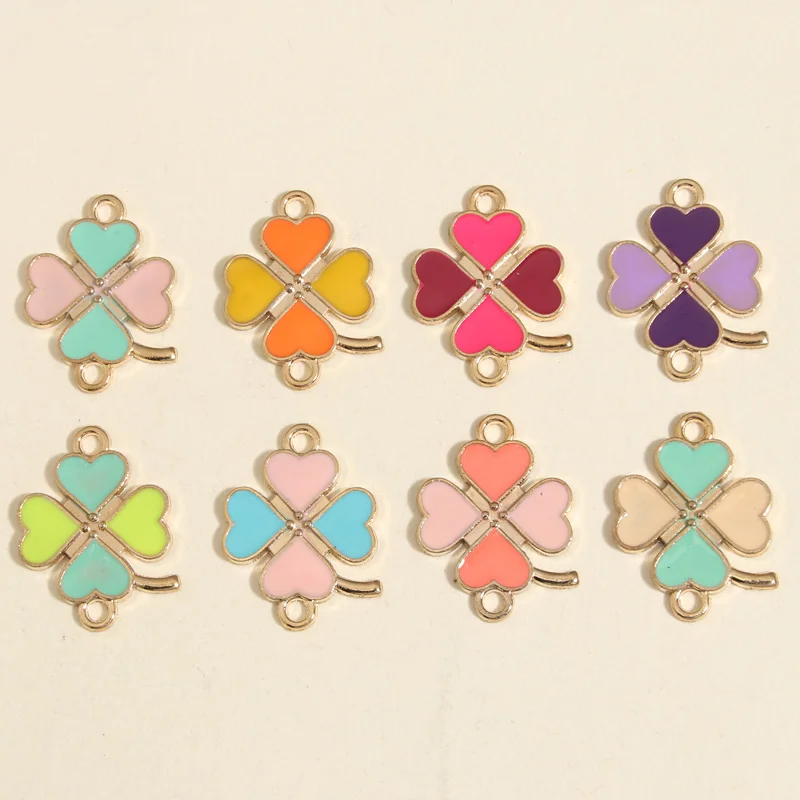 10pcs 8 Colors 27x20mm Lucky Heart Four Leaf Clover Charms Enamel Connector Pendant For DIY Necklaces Jewelry Making Accessories