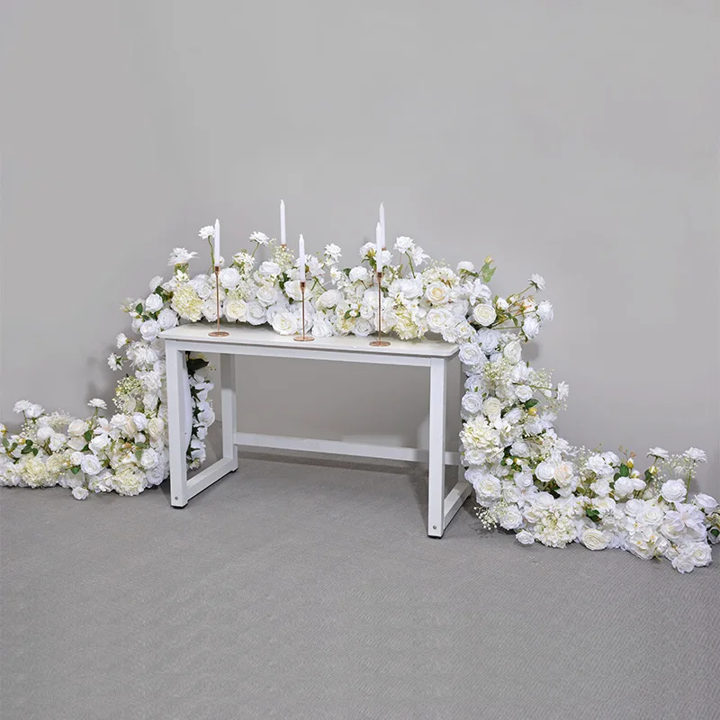 White Rose babys breath Large Flower Row Artificial Flowers Row Runner Wedding Backdrop Decor Floral Wall Party Decorative props