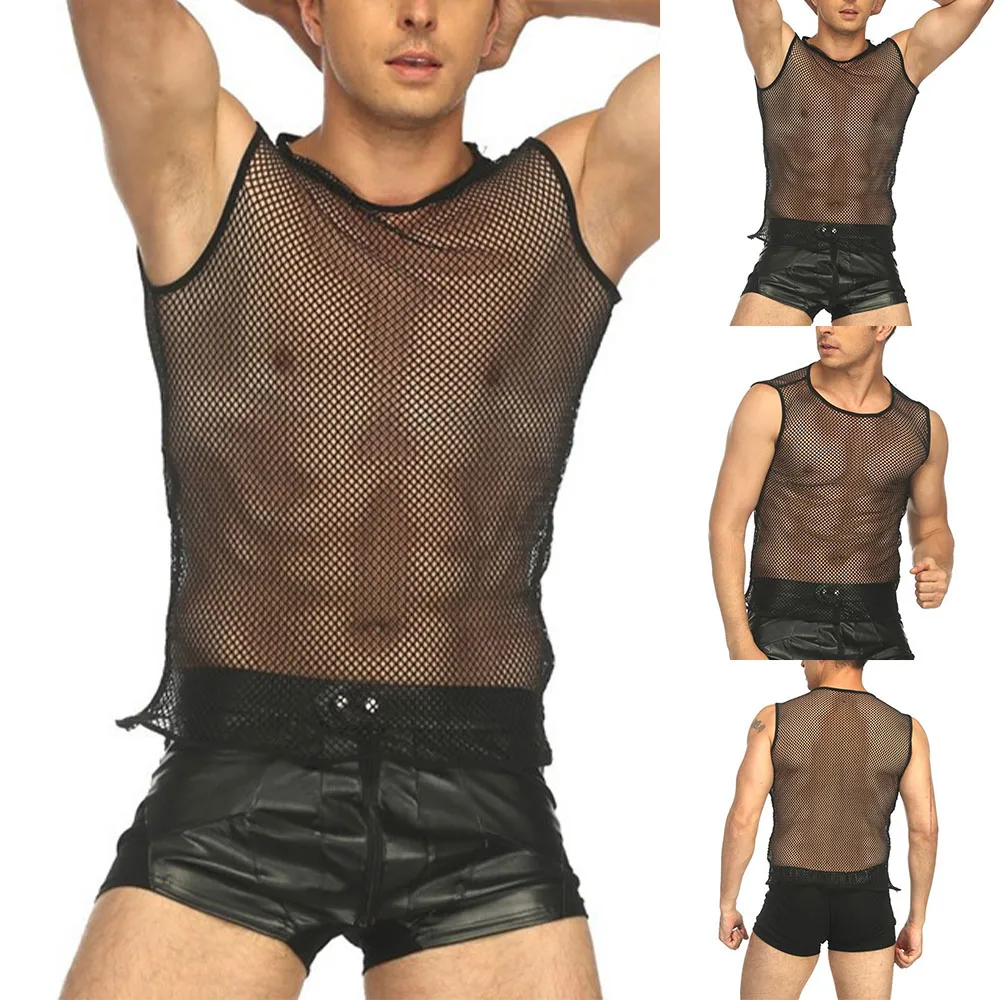 Sexy Men\'s Fishnet Transparent Tank Tops Vest O Neck Sleeveless Solid Black Mesh String Vest Slim Tees T Shirt Vests Tanks