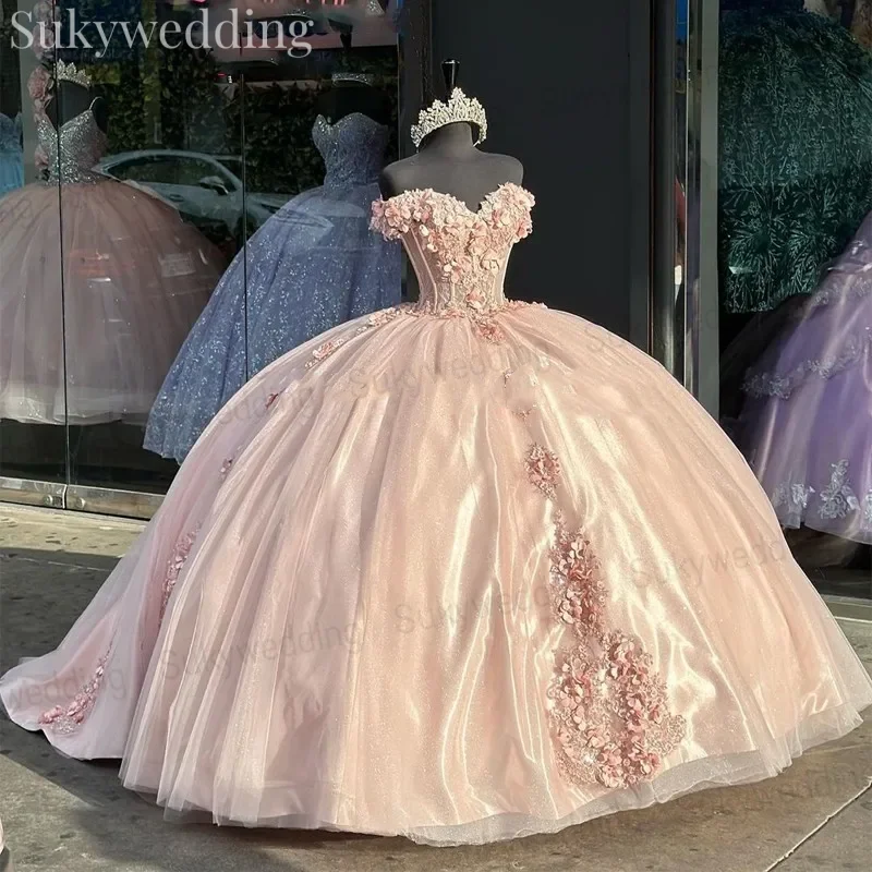 Pink Princess Quinceanera Dresses Off Shoulder Appliques Lace Flowers Floral Sweet 16 Dress Ball Gown vestido de 15 Customized