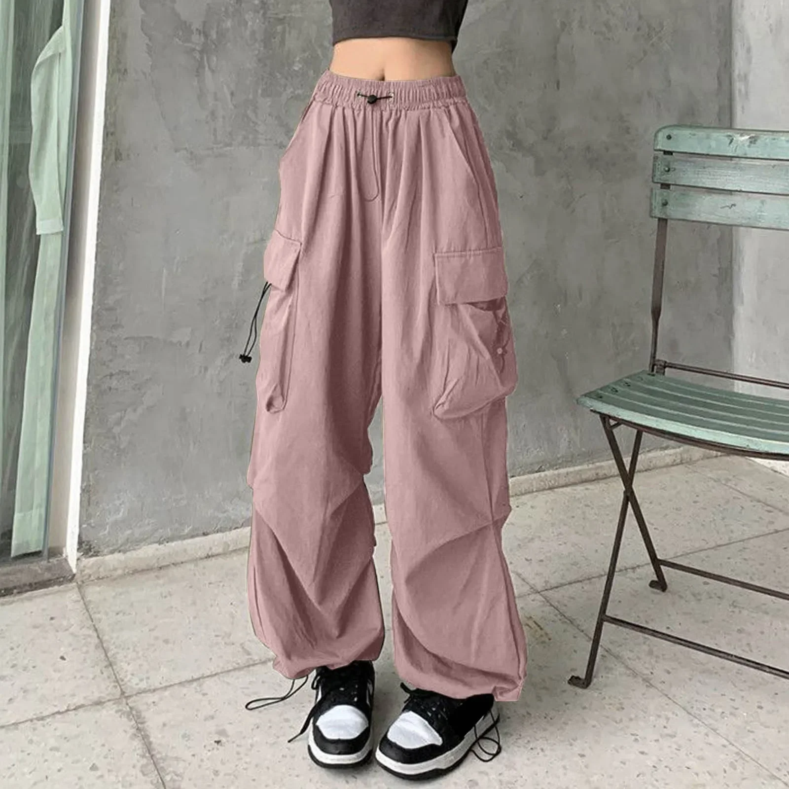 Calças largas de cintura alta para mulheres, calças largas casuais para mulheres, calça vintage, streetwear feminina, monocromática, moda, 2024