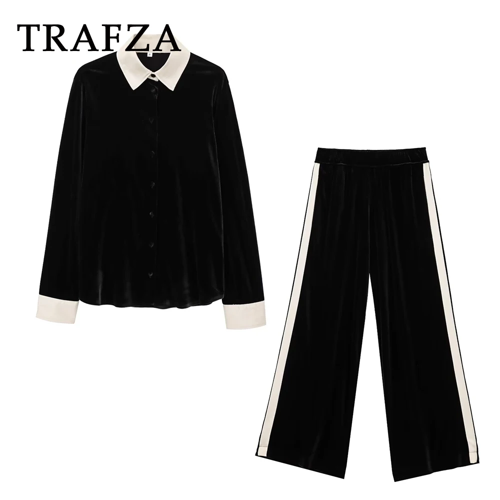 

TRAFZA 2025 Spring Women Casual Women Velvet Suits Single Breasted Patchwork Shirt+Elastic Waist Pocket Pants Female Chic Sets