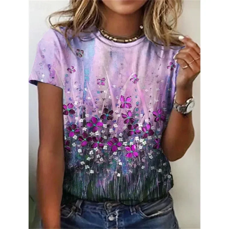 T-shirt per insetti con foglie di fiori stampati in 3D per le donne T-shirt con grafica colorata a maniche corte Summer Street O-Collo T-shirt larghe