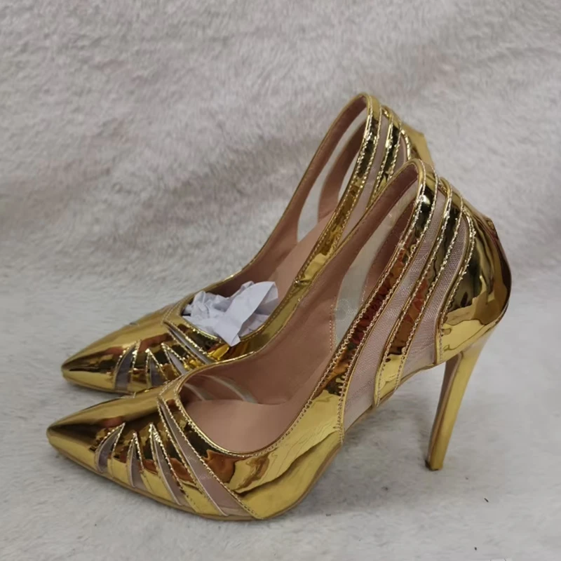 

Gold Metallic Leather Hollow Stiletto Heel Shoes 12CM 10CM 8CM Pointy Shallow Women Celebrating Pumps Size45 Drop Shipping