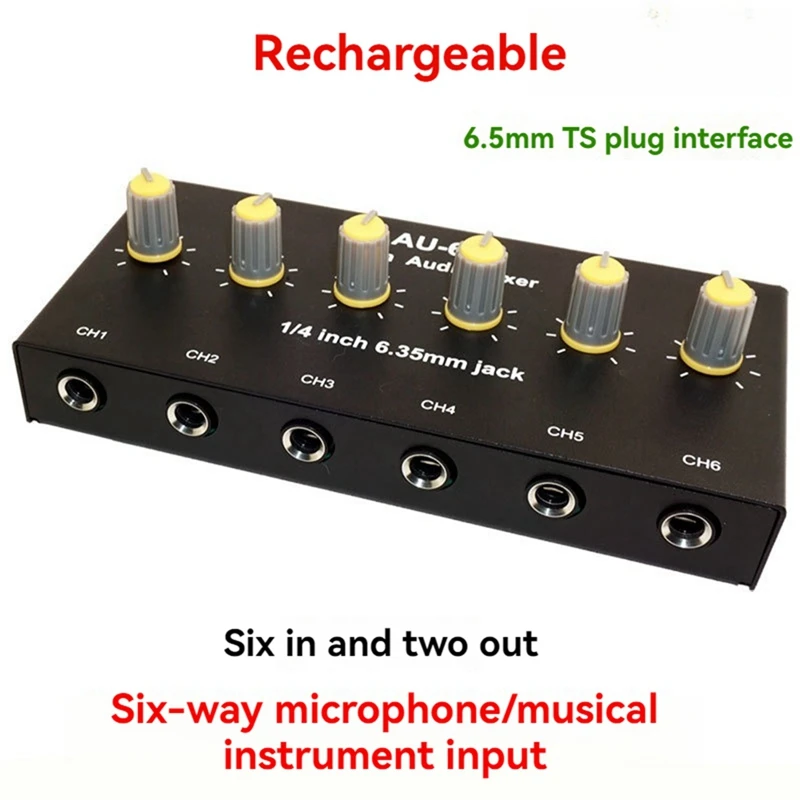 6 Channel Audio Mixer Headphone Microphone Mic Amplifier Hub Distributor 6.35Mm Jack 1/4 TRS Amplifier