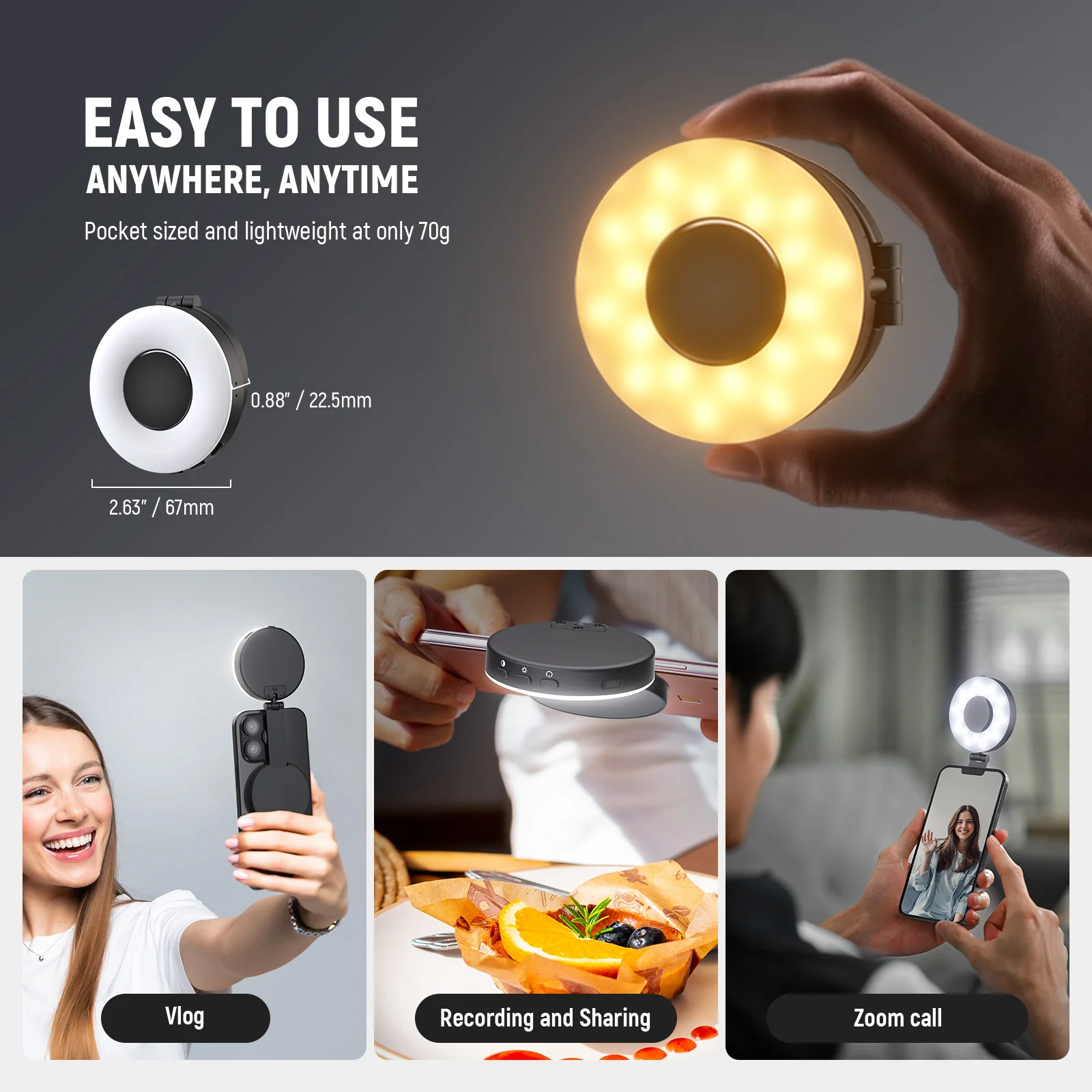 NEEWER Magnetyczna lampka selfie kompatybilna z MagSafe iPhone, 4 tryby CRI95+ 1.5W Plastikowa składana LEDowa lampka do telefonu w kształcie pierścienia — zdjęcie produktu 6