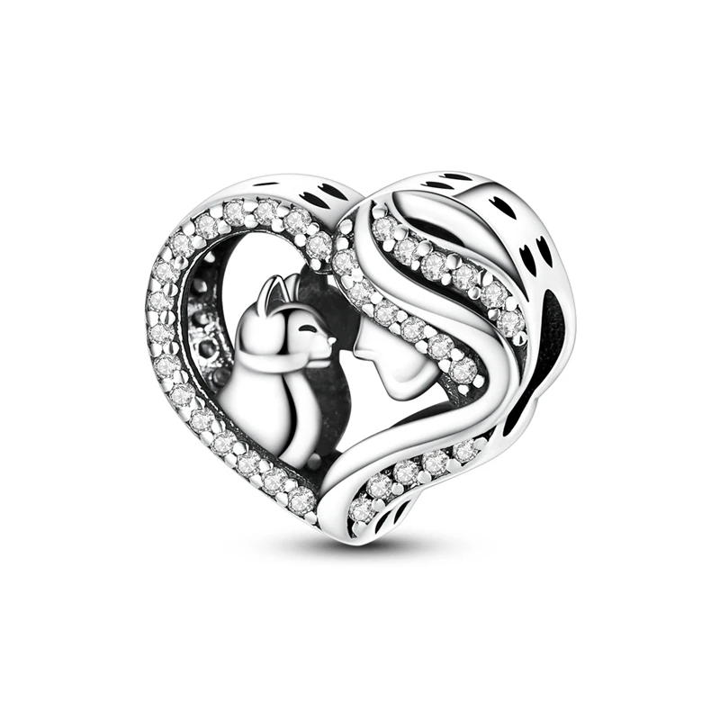 

925 Sterling Silver Charms Bead CZ Zircon Girl and Cat Dangle Fit Original Bracelet DIY Women Jewelry Gift