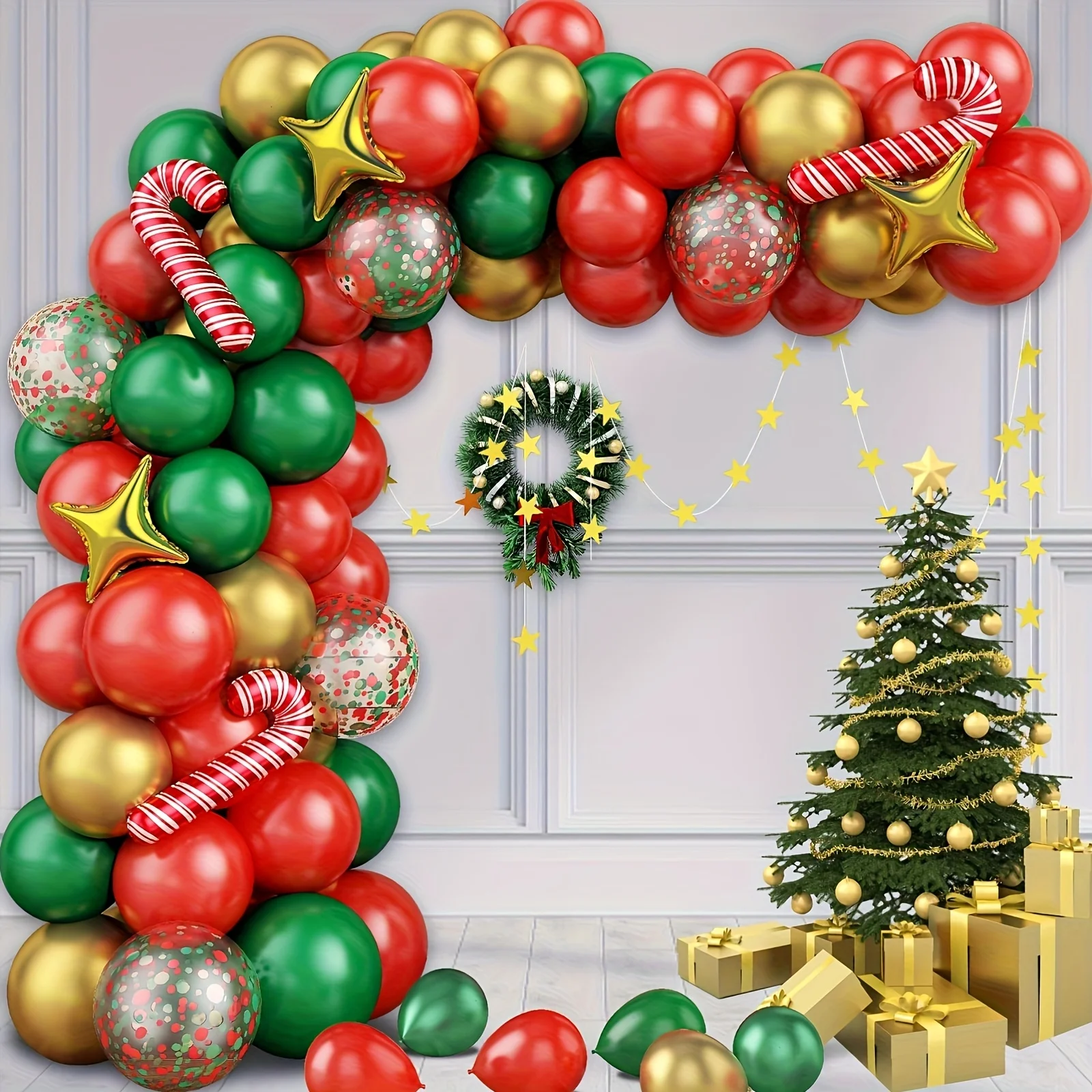 101 Stück Weihnachtsballon-Kranz-Bogen-Set, rot, grün, goldenes Ballon-Set, Rattan-Stern-Folienballons, Weihnachtsfeier-Dekorationen