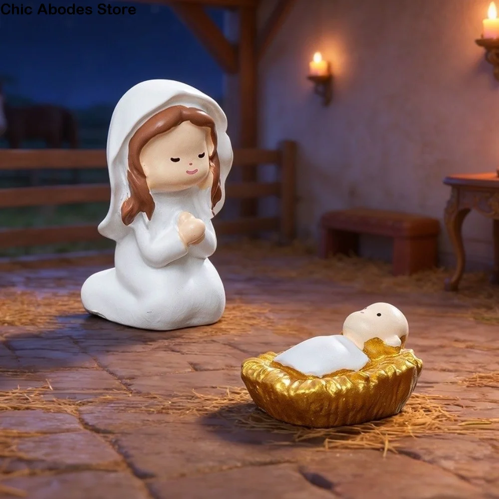 8PCS 3D Nativity Scene Figurine Set Miniature Collectible Jesus Virgin Mary Figurine Little Nun Figurine Resin
