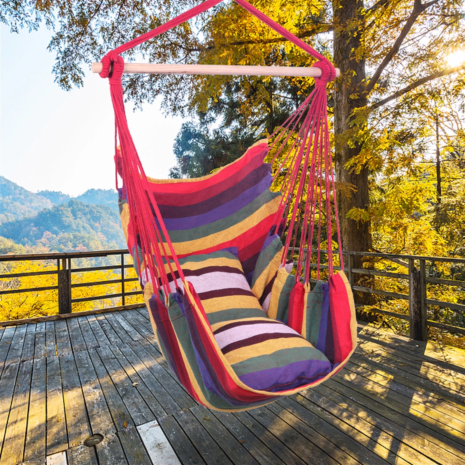 

Distinctive Cotton Canvas Hanging Rope Chair with Pillows Rainbow