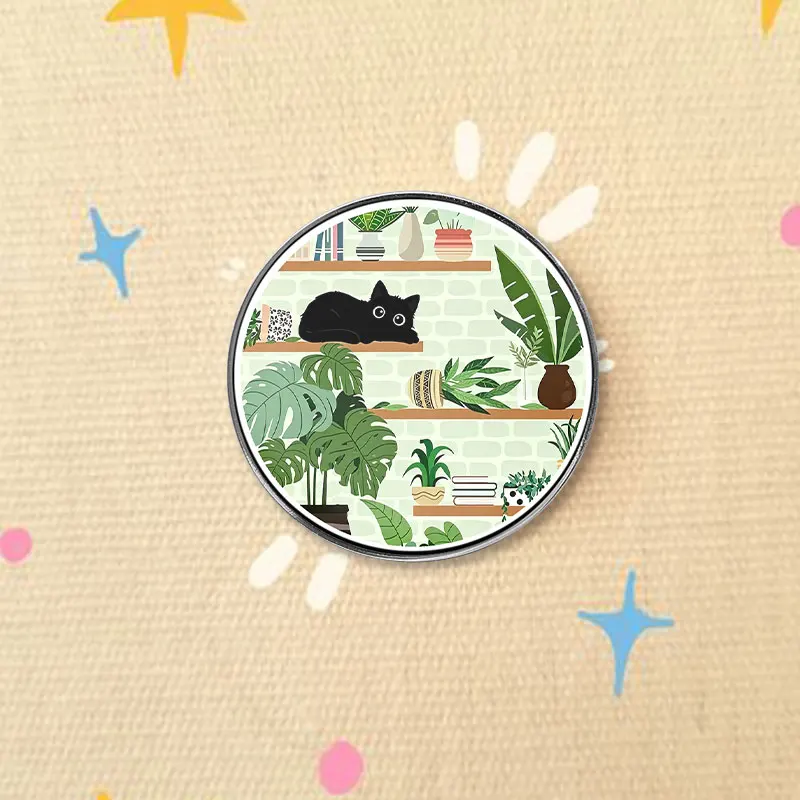 Cartoon Black Cat Houseplant Bookshelf UV Printing Badge Lovely Illustration Pin Nature Themed Clothing Decor Brooch For Friend