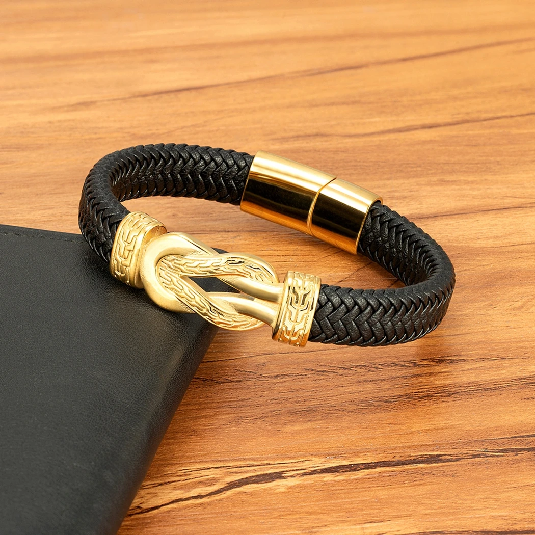 XQNI Stainless Steel Bracelets Weave Black/Brown Leahter Magnetic Buckle Rope Jewelry Accessories Bangles Gifts for Men Friend view 4