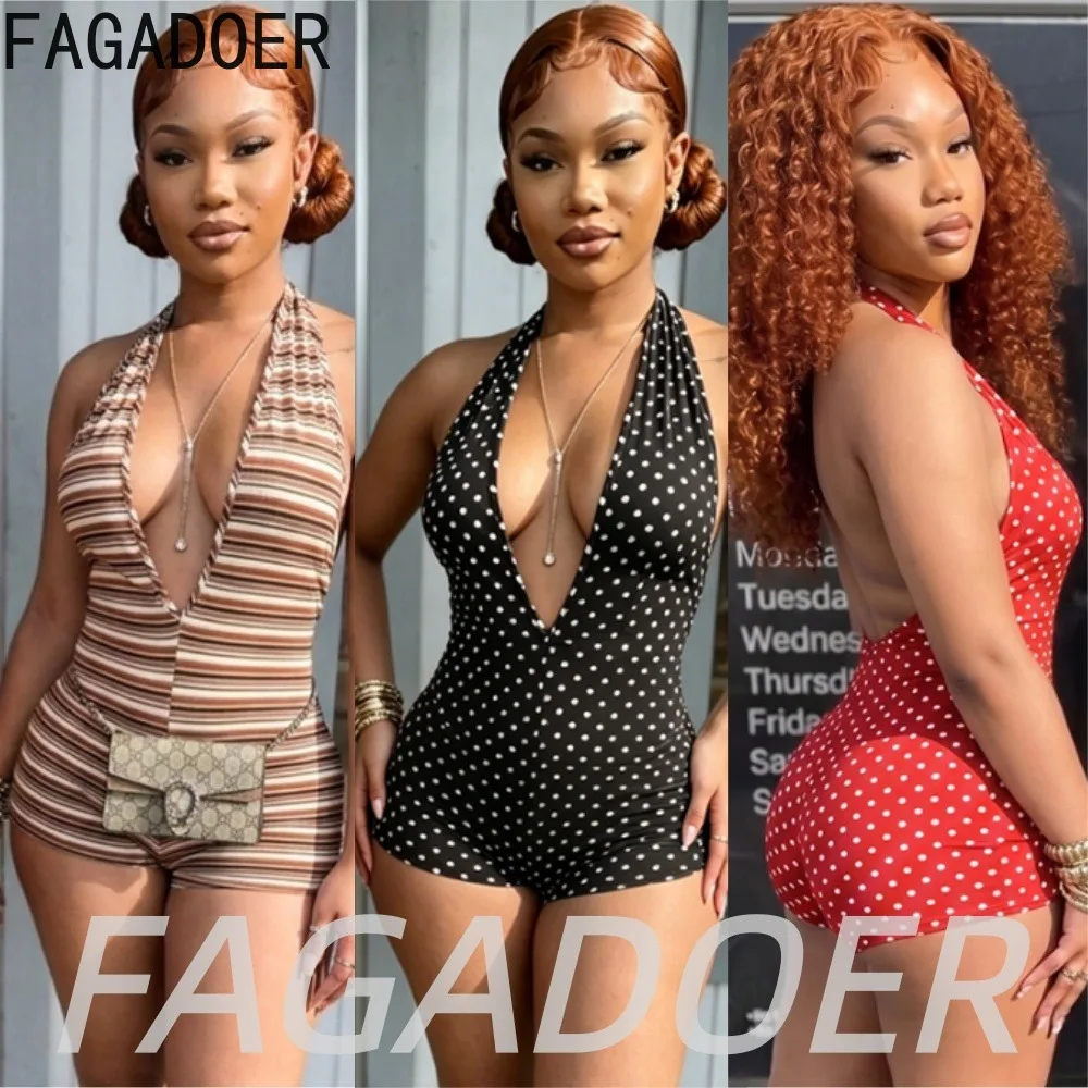 

FAGADOER Sexy Stripe Patchwork Bodycon Romper Fashion Polka Dot Deep V Halter Backless Jumpsuits Summer Beach Vacation Playsuits
