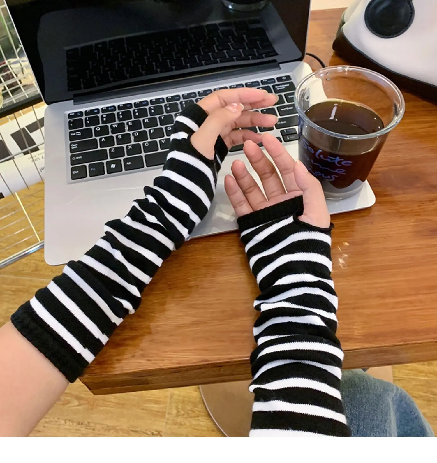 Stripe Women Half Finger Winter Cute Long Gloves Arm Sleeve Open Finger Gloves