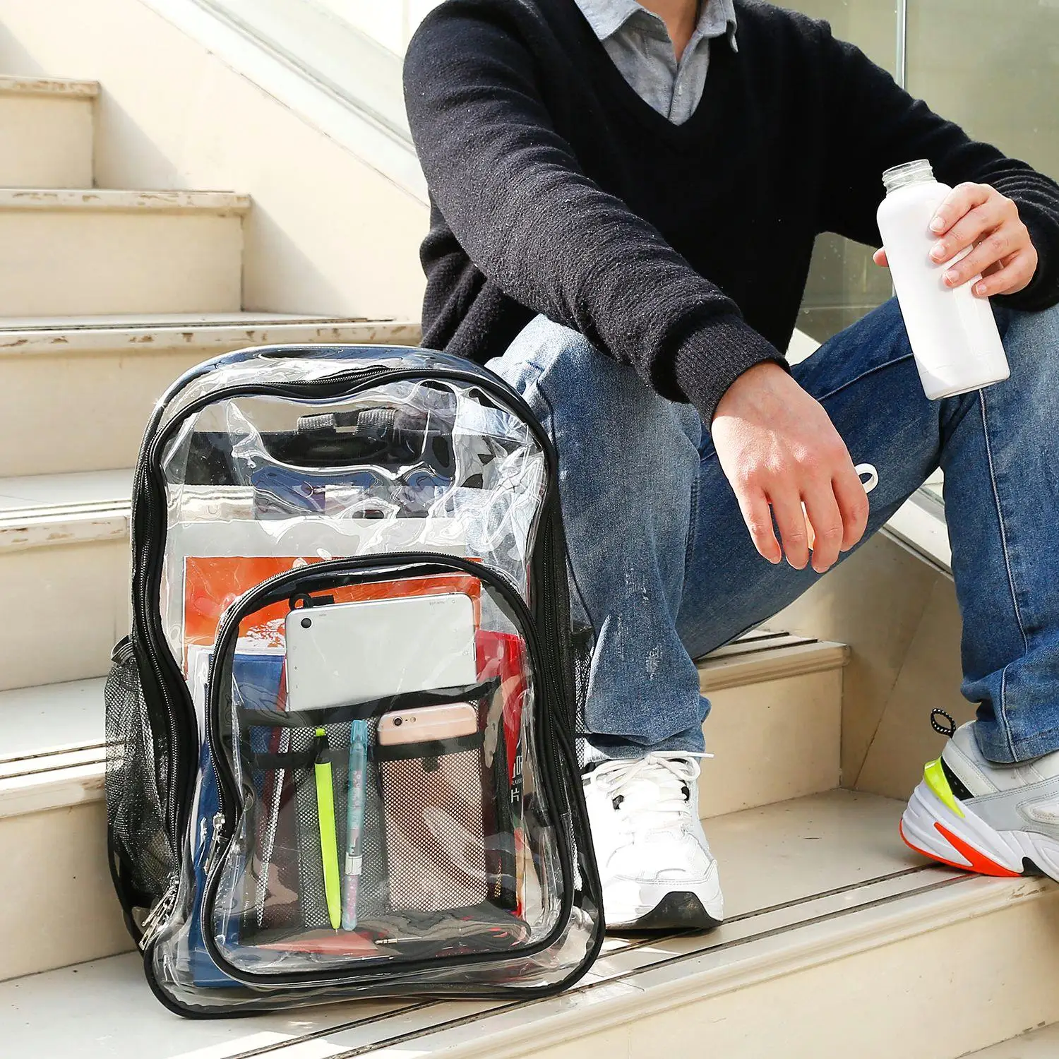 Heavy Duty Large Clear Backpack for school | Waterproof PVC Book Bag with Reinforced Straps | 5.3Gal Transparent Rucksack