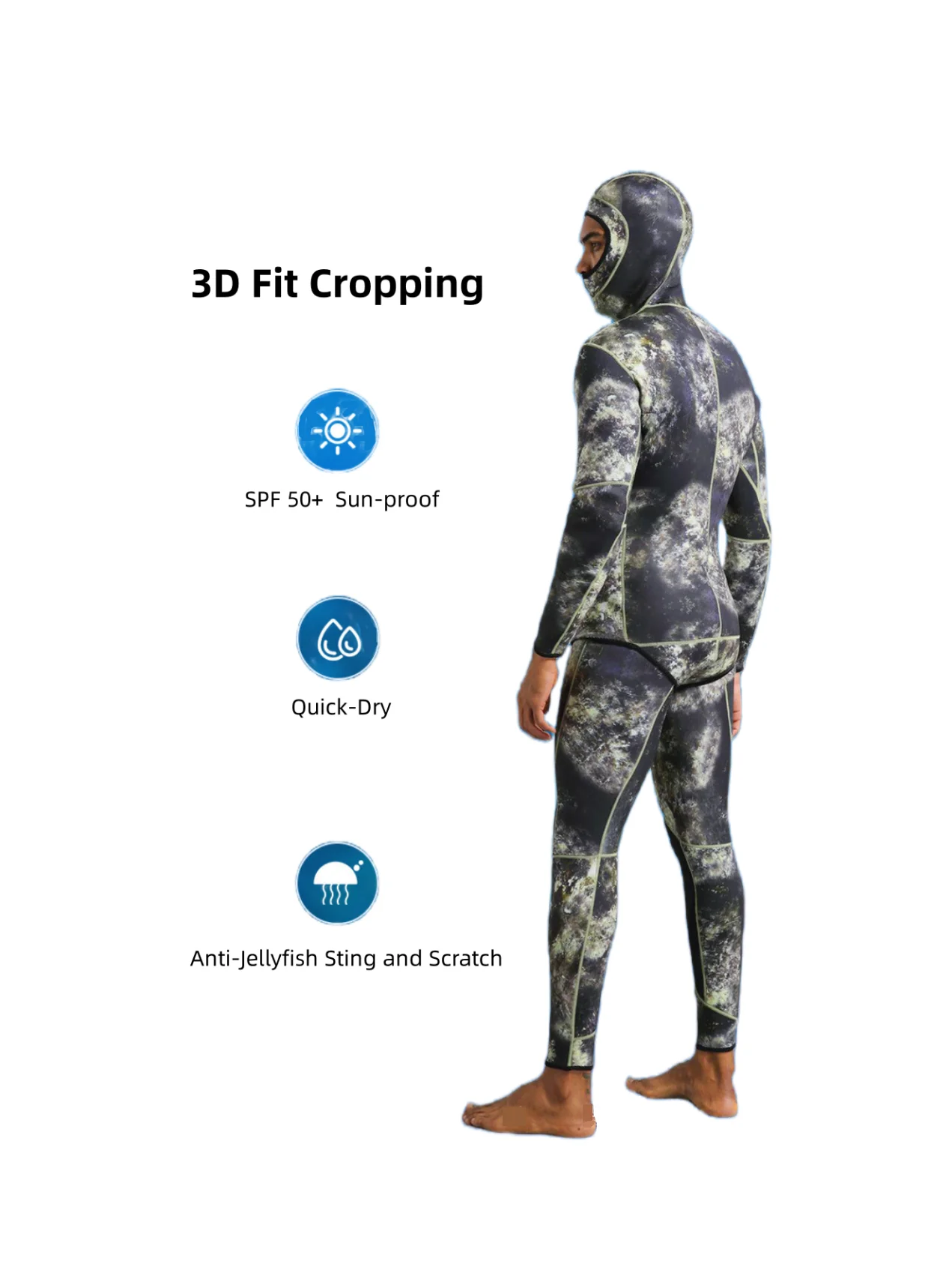 Neoprenanzug, 3 mm, Camouflage, langärmelig, mit Kapuze, 2-teilig, aus Neopren, zum Tauchen, für Herren, hält warm, Tauchanzug, Badebekleidung – Detail 3