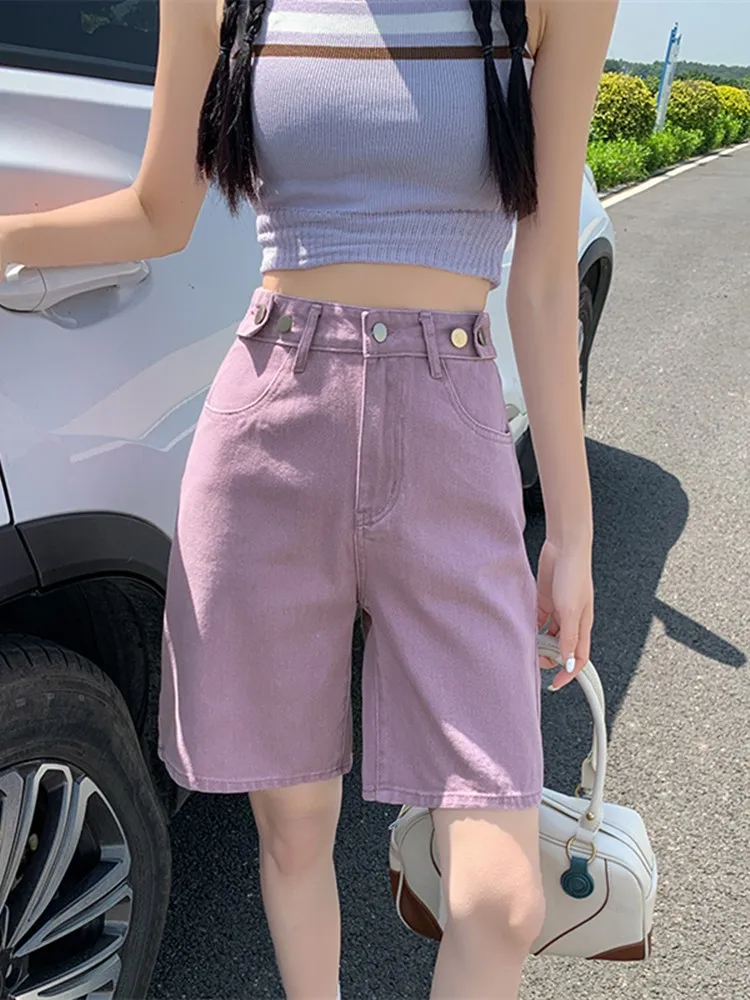 

GUUZYUVIZ Pink Straight Knee Length Denim Shorts Korean Fashion Casual Female Summer High Waist Jeans Shorts