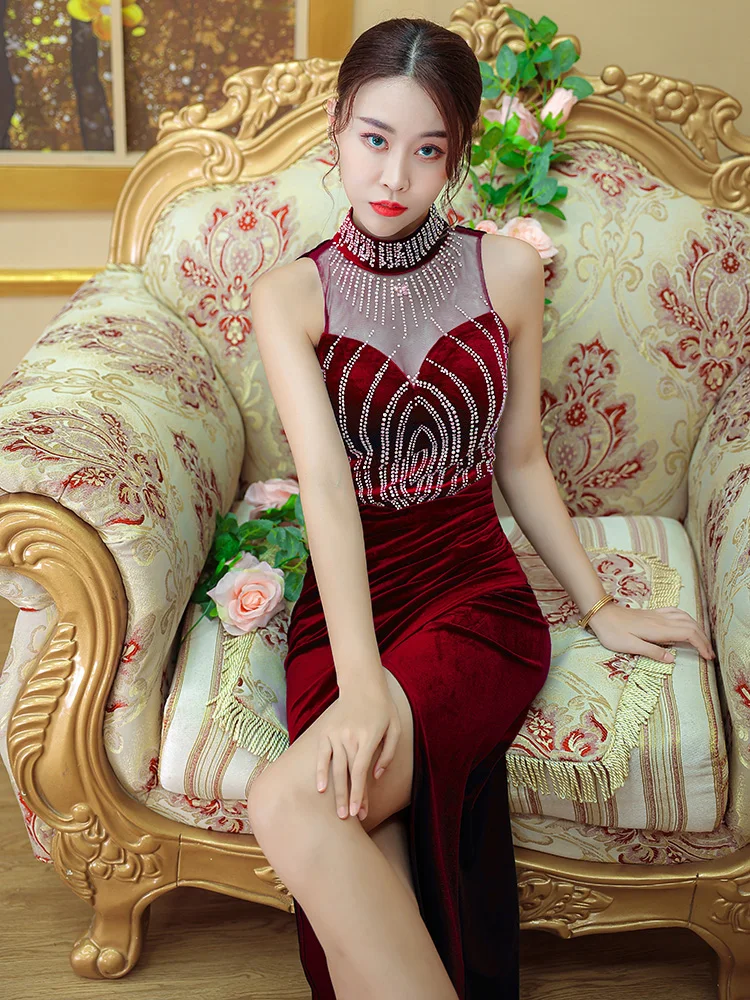 

Sexy Velvet Long Dr Evening Gown for Women High Waist Fi Tail Sle Wedding Par Ball Host Slimming Ele Classy