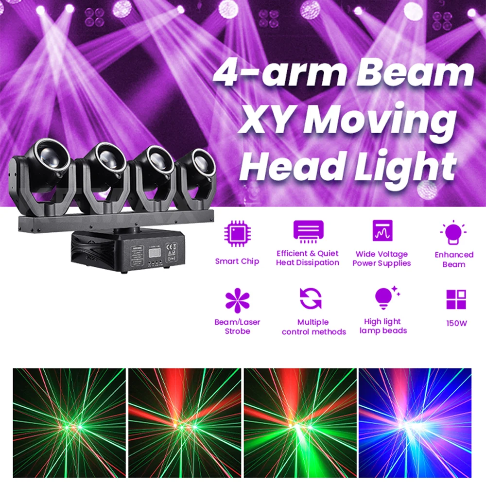 4-Head Moving Head Beam Light 150W Disco Party Remote Control DJ Equipment Rotating Strobe Stage Effect For Club Event Christmas