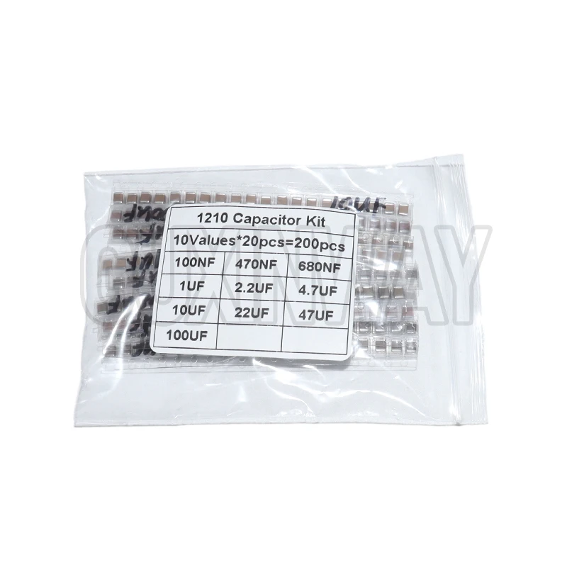 

Набор конденсаторов SMD 1210, 200 шт. (10 видов по 20 шт.), ассортимент: 0.1 мкФ ~ 100 мкФ (100 нФ, 470 нФ, 680 нФ, 1 мкФ, 2.2 мкФ, 10 мкФ, 100 мкФ)