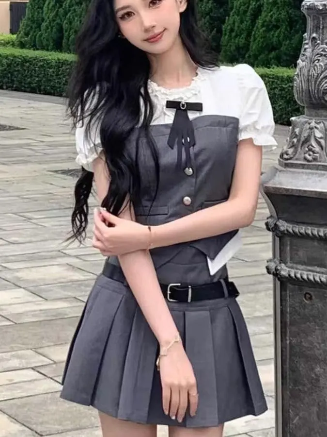 

American College Sle Spicy Girl Set Women's Summer New ort Sve Pleated Skirt Two-Piece Set Faionable Polyester Fabric