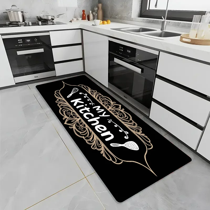 Elegant Golden Lace My Kitchen Runner Rug on black base, non-slip carpet for kitchen aisle and household entryway floor