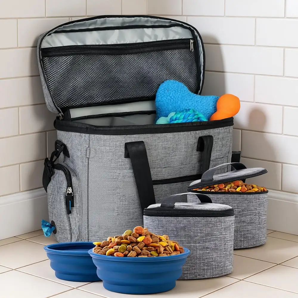 

Dog Travel Bag with Supplies - Includes 2 BPA-Free Travel Bowls and 2 Food Containers: Grey