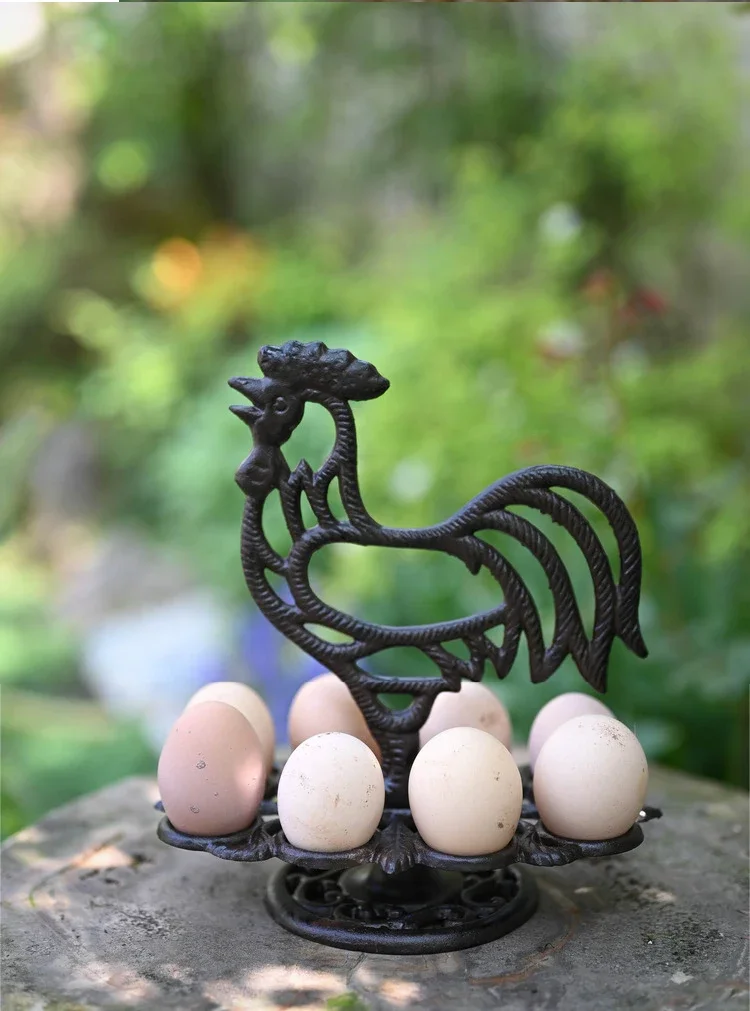 Antique Black Cast Iron Rooster Fresh Eggs Holder 8 Pieces Countryside Handmade Kitchen Tabletop Decor Display Storage Shelf