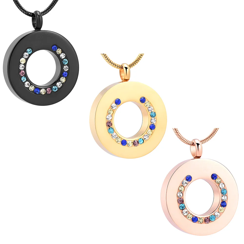 

Colorful CZ Stones Round Shape Cremation Urns Memorial Ashes Holder Necklace Stainless Steel Jewelry Urn Locket Funeral Gfit