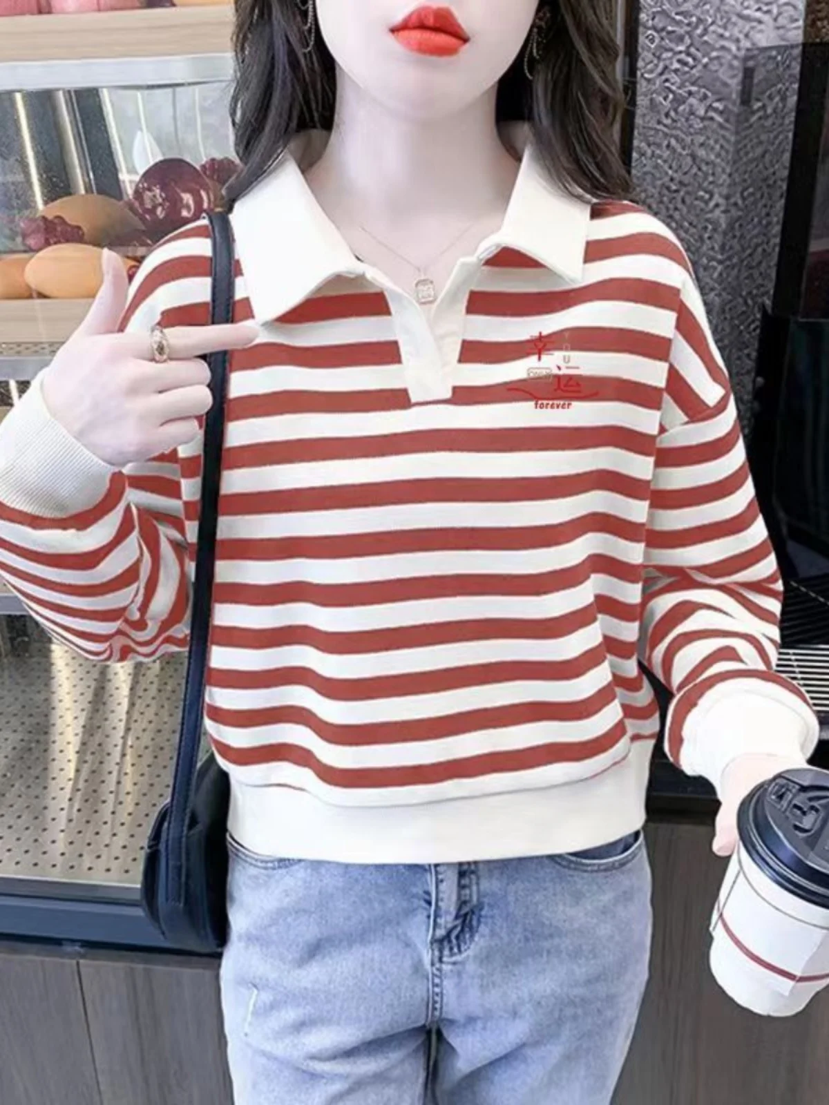 クラシックストライプポロネックスウェットシャツ-レディース-春秋服-2024年新作-若々しい雰囲気-カレッジ風セットアップ-ニードル編み