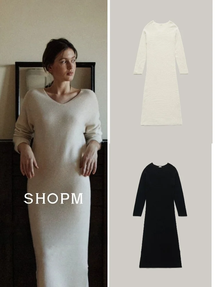 

Sle V-Ne Long Knitted Dr Women Soft Cozy Fit Sweater Dr Simple Pure Color Straight Cut Casual Wear