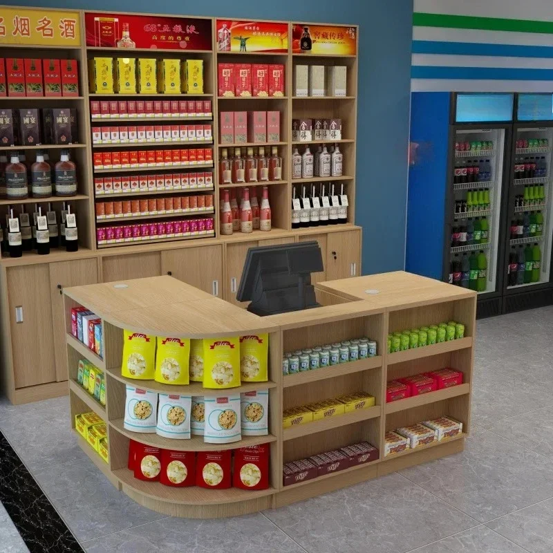 

Custom. In-Stock Wooden Combination Cabinet Cashier Counter Supermarket Corner Cashier Counter Store Shelf Display Rack Cas