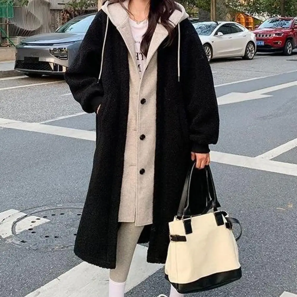 Single-breasted Winter Overcoat Fake Two-piece Coat Stylish Women's Winter Coat with Hood Colorblock Design Plush for Cold