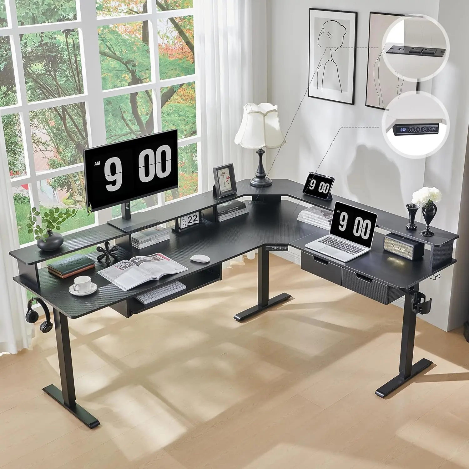 

75X60 Inches L Shaped Electric Standing Desk, Height Adjustable Corner Gaming Desk with Drawers, Power Outlets & LED Lights, Com