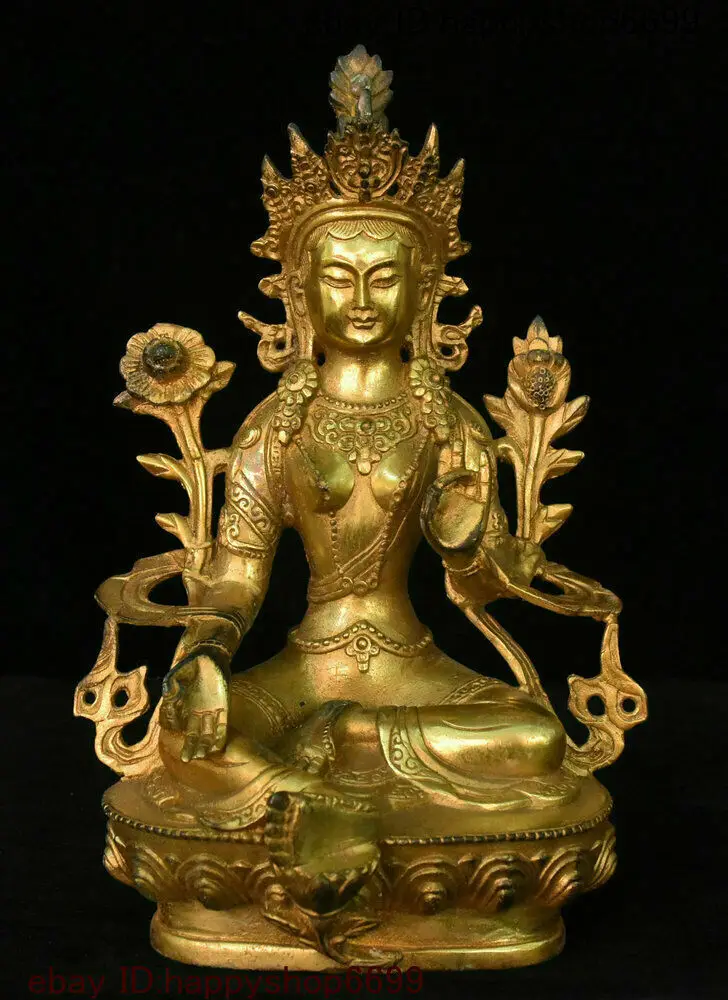 

Old Tibet Bronze Gilt Green Tara Mahayana Buddhism enlightenment Goddess Statue