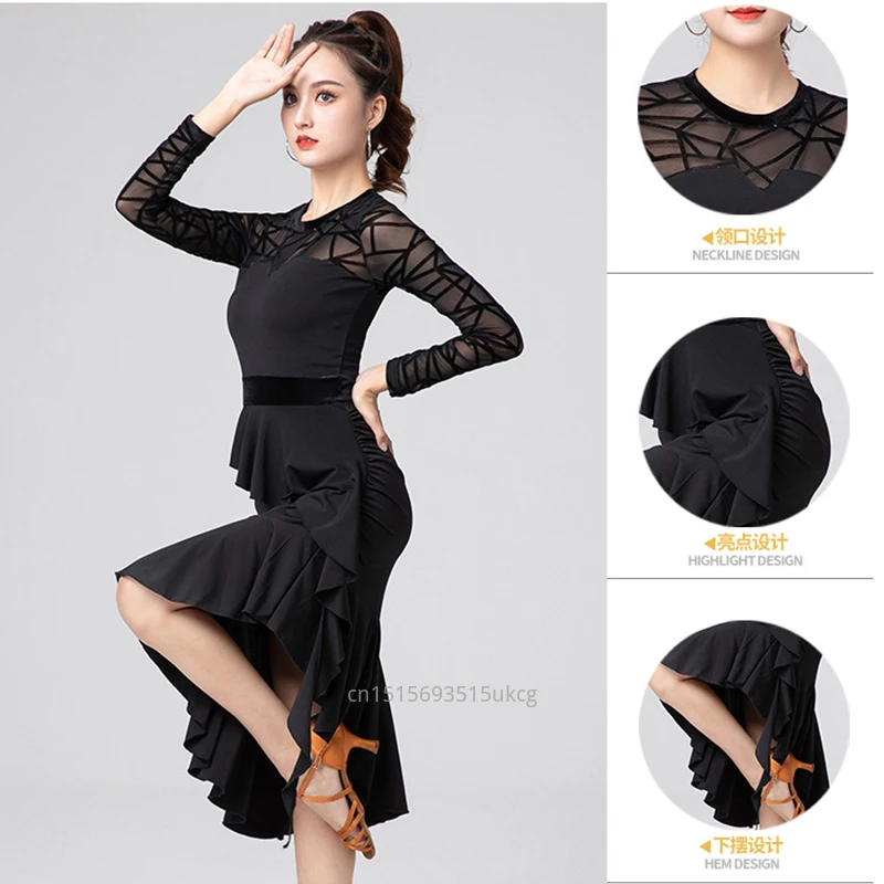 

Latin Dance Performance Clothing New Women's Adult Autumn Winter Dance Skirt Dress Long-sleeved Latin Practice Dance Clothing