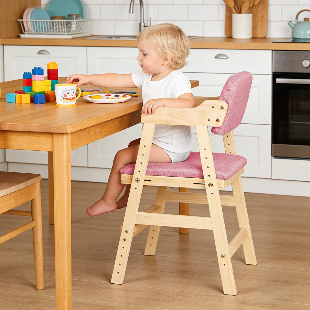 Silla de 6 alturas, madera de pino, con cojín y respaldo, silla multifunción para niños, estable y sólida, rosa/gris/negro/beige