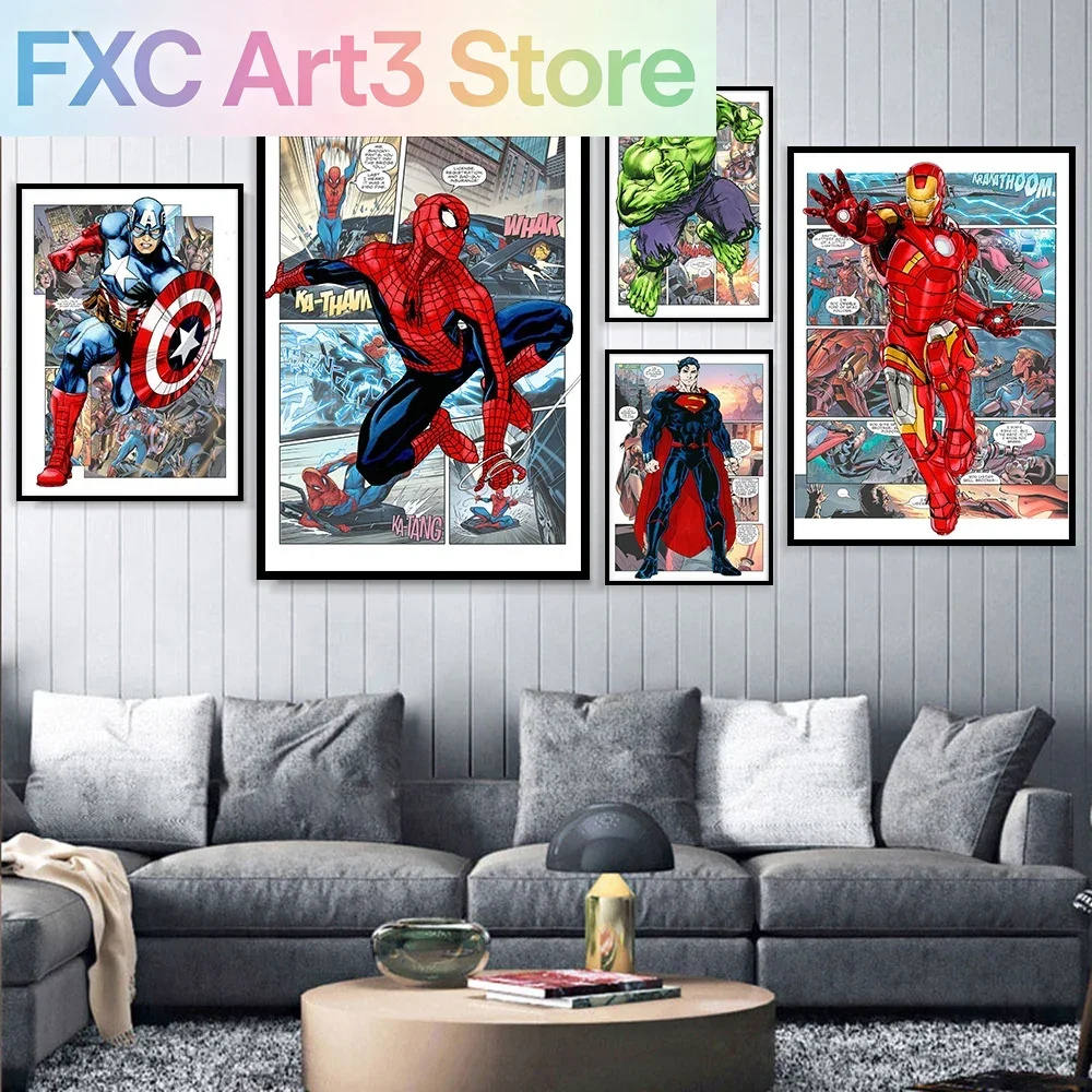 Rahmenlose Marvel-Superhelden-Wandkunst-Poster, SpiderMan, Iron Man, Avengers, Cartoon-Leinwandgemälde, Druck, moderne Kinderzimmer-Heimdekoration